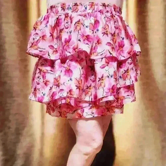 Endless Rose Pink Floral Large Multi-Tiered Ruffle Mini Skirt for Spring Summer - Picture 2 of 13